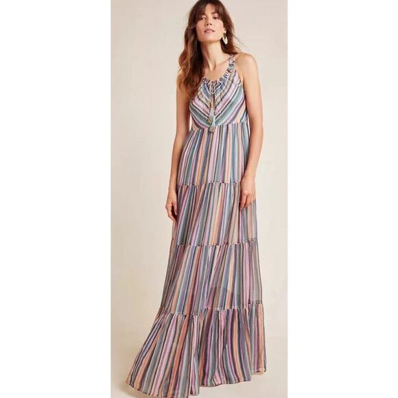 Love The Label Anthropologie Multicolor Striped Maxi Dress M Boho Beaded Tassel - Picture 1 of 10